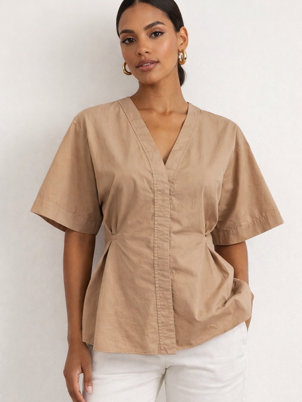 Sandro Beige V-Neck Short Sleeve Cotton Blouse, Size S
